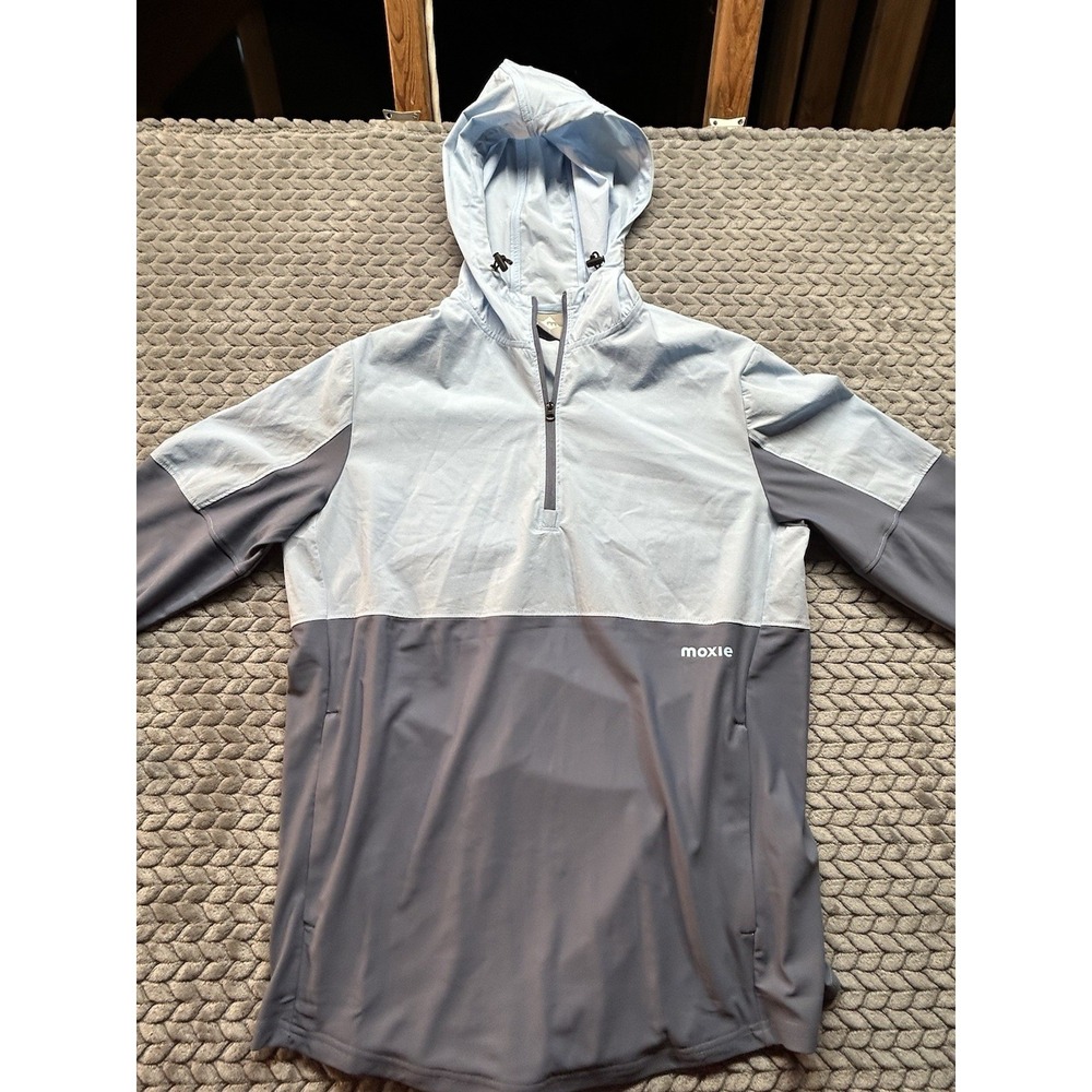 Moxie Hooded Pullover Jacket Large Blue Gray Quarter Zip Performance Hiking